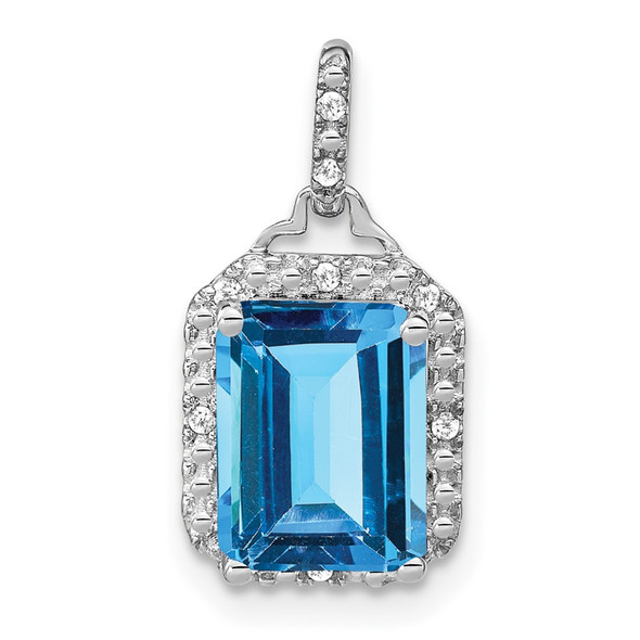 14k White Gold Emerald-cut Blue Topaz and Diamond Halo Pendant