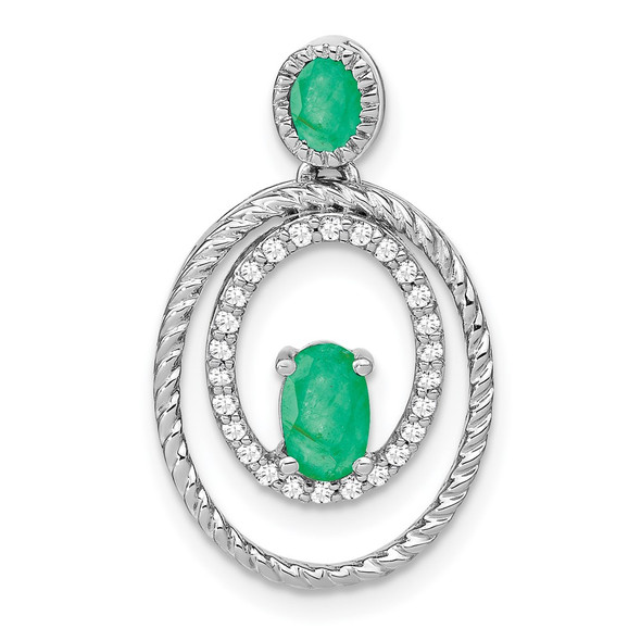 14k White Gold Emerald and Diamond Oval Pendant