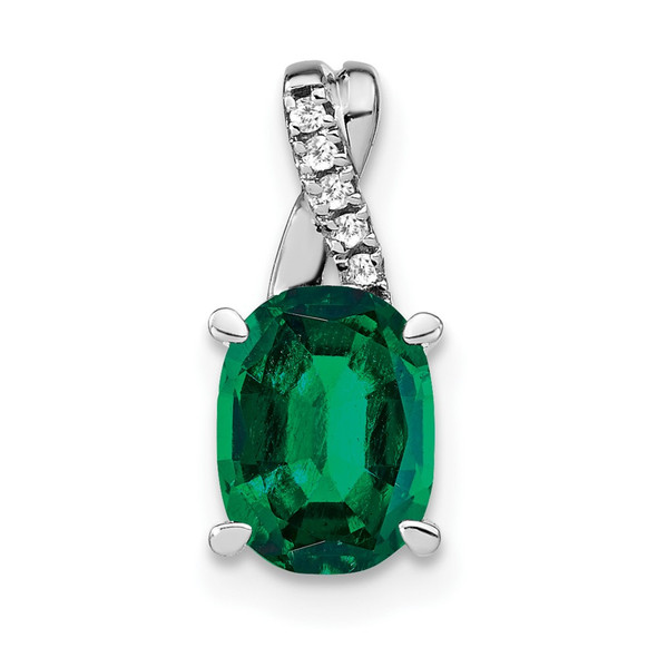 14k White Gold Oval Created Emerald and Diamond Pendant