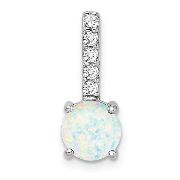 14k White Gold Round Created Opal and Diamond Pendant