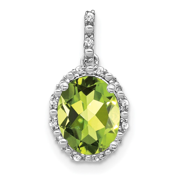 14k White Gold Oval Peridot and Diamond Halo Pendant