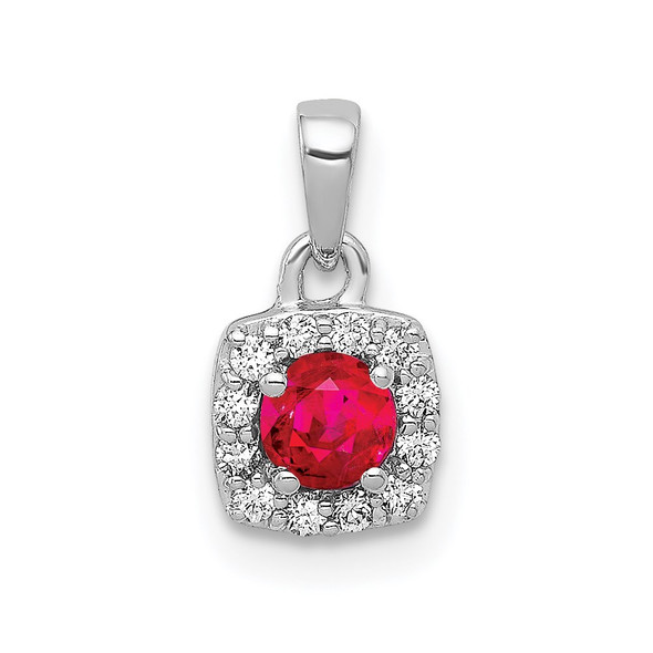 14k White Gold Diamond and .20ctw Ruby Square Halo Pendant