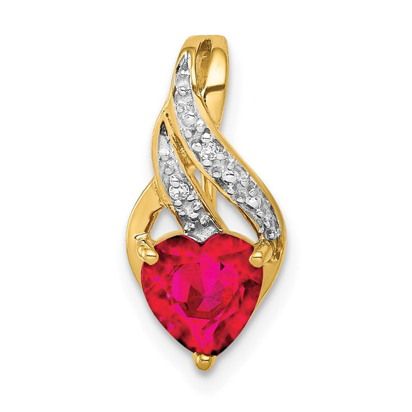 14k Yellow Gold Diamond and Created Ruby Polished Heart Pendant