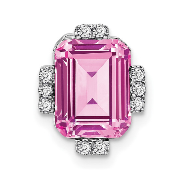 14k White Gold Octagon Created Pink Sapphire/Diamond Chain Slide Pendant