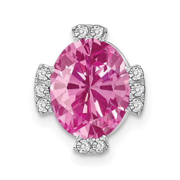 14k White Gold Oval Created Pink Sapphire and Diamond Chain Slide Pendant PM7105-CPS-012-WA