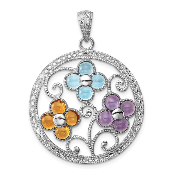 Sterling Silver Rhodium-plated Citrine Blue Topaz & Amethyst Flower Pendant