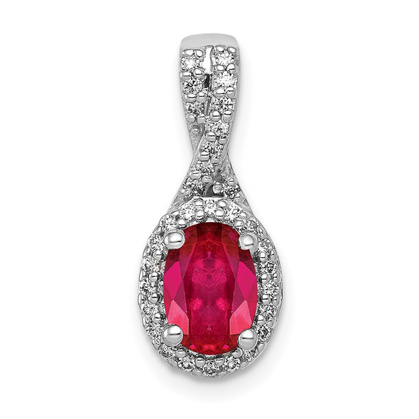 14k White Gold Diamond and Oval Ruby Halo Pendant