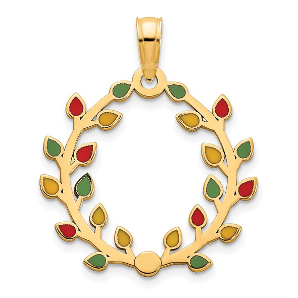 14k Yellow Gold Polished Epoxy Christmas Light Wreath Pendant