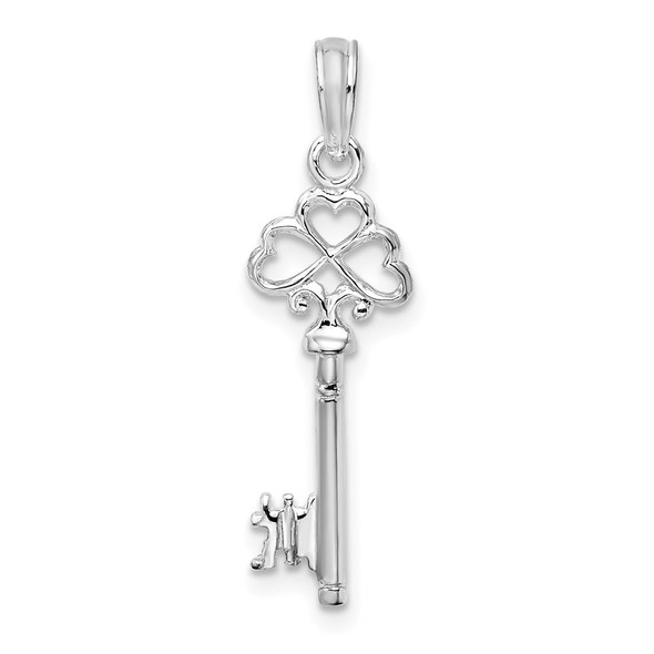 Sterling Silver Rhodium-plated Polished 3D Key w/Hearts Top Pendant
