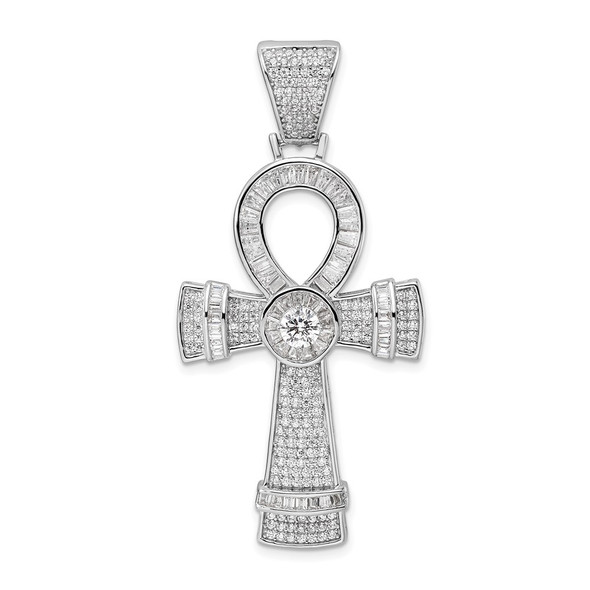 Sterling Silver Rhodium-plated Polished CZ Ankh Cross Pendant
