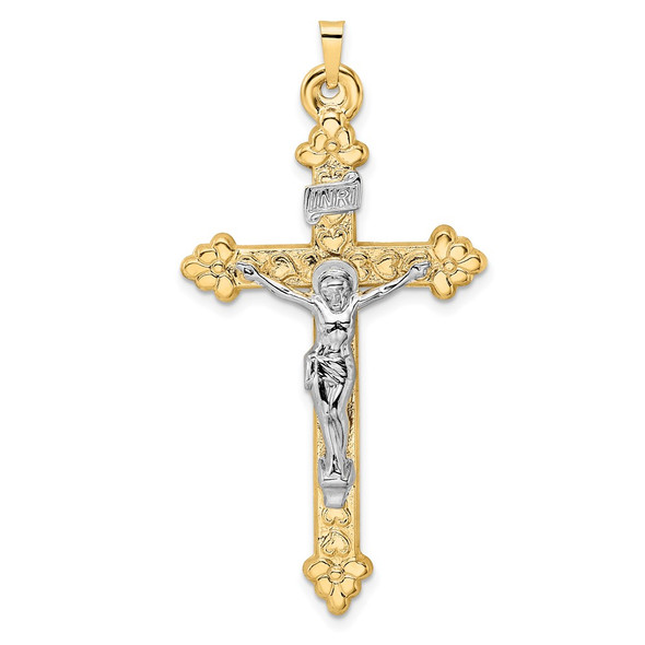 14k Two-tone Gold Polished Hollow INRI Budded Crucifix Pendant