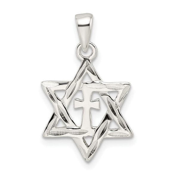 Sterling Silver Polished and Diamond-cut Star of David w/Cross Pendant