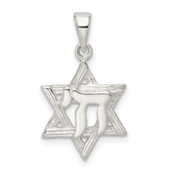 Sterling Silver Polished and Diamond-cut Star of David w/Chai Pendant