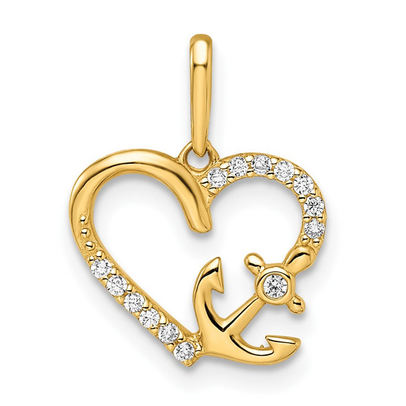 14k Yellow Gold CZ Heart with Anchor Pendant