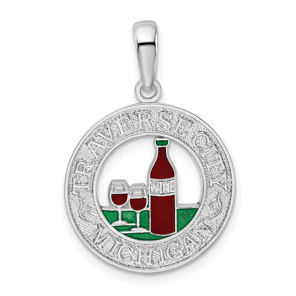 Sterling Silver Polished Enamel Traverse City MI w/Wine Pendant