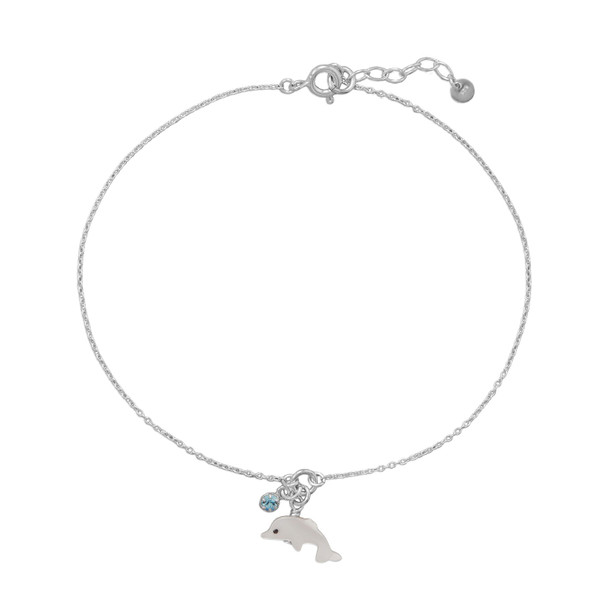 Sterling Silver 9.5"+1" Dolphin and Crystal Anklet