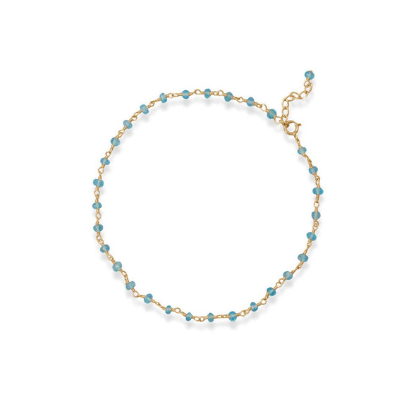 Sterling Silver Sea Breeze Blue! 9.5" + 1" 14 Karat Gold Plated Apatite Bead Anklet