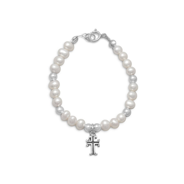 Sterling Silver 5" White Cultured Freshwater Pearl and Silver Bead Bracelet with Cross