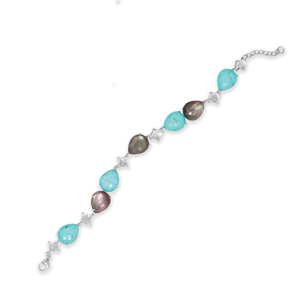 Sterling Silver 7" + 1" Topaz, Simulated Turquoise and Mother of Pearl Bracelet