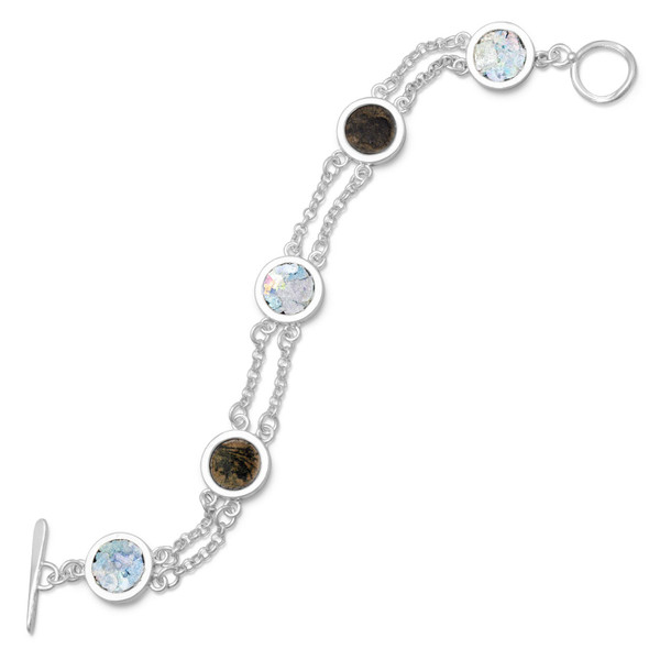 Sterling Silver 7.75" 2 Strand Toggle Bracelet with Ancient Roman Glass & Antique Roman Coins