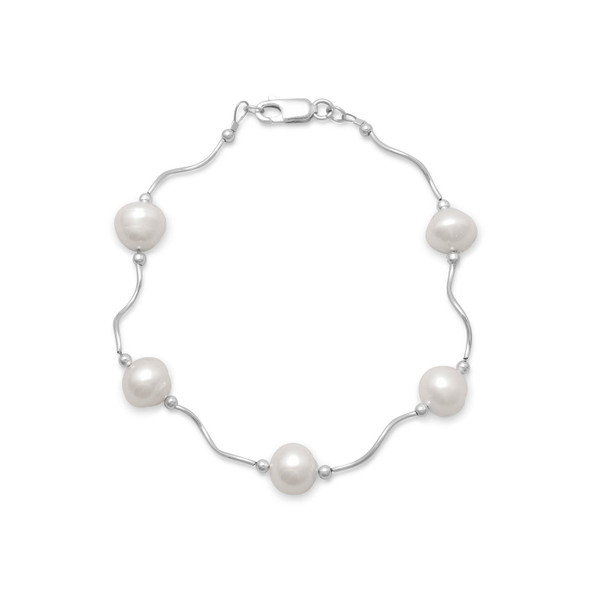 Sterling Silver 8" Wave Design Bracelet with Cultured Freshwater Pearls