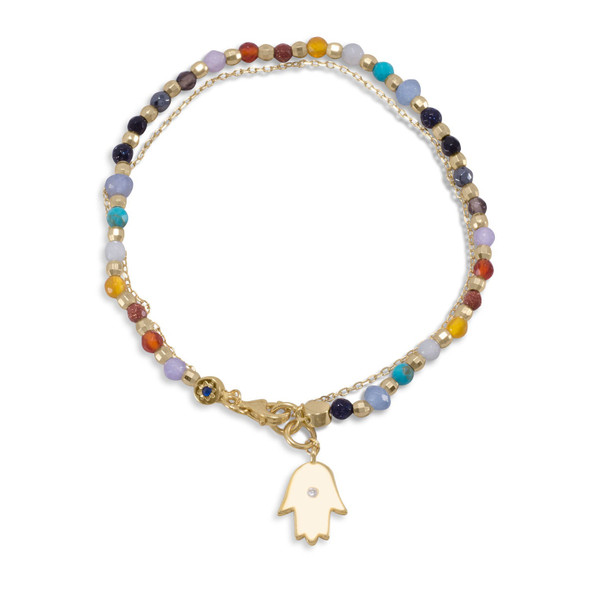 Sterling Silver Double Strand 14 Karat Gold Plated Multistone Bracelet with Hamsa Charm