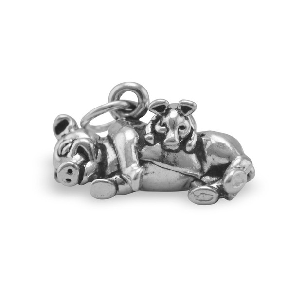 Sterling Silver Adorable Oxidized Pig with Piglet Charm