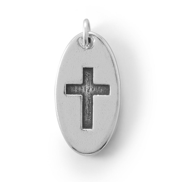 Sterling Silver Oval Charm with Oxidized Cross