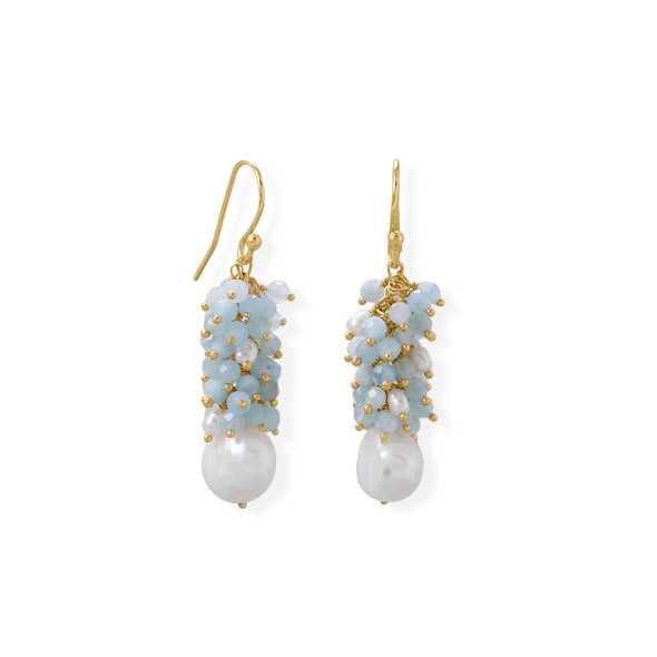Sterling Silver 14 Karat Gold Plated Aquamarine and Cultured Freshwater Pearl Earrings