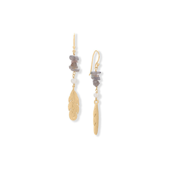 Sterling Silver Cultured Freshwater Pearl and Labradorite Feather Earrings