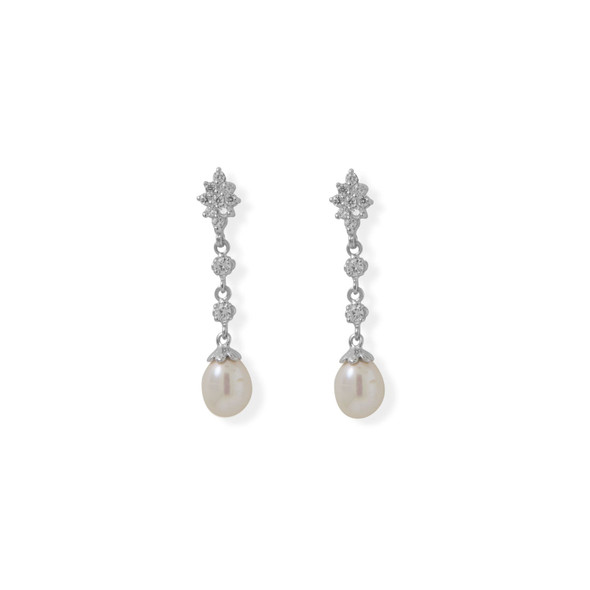 Sterling Silver CZ and Cultured Freshwater Pearl Drop Earrings