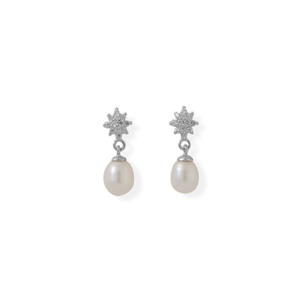 Sterling Silver CZ Flower Post with Cultured Freshwater Pearl Drop Earrings