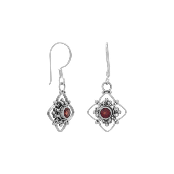 Sterling Silver Faceted Garnet and Flower Design French Wire Earrings