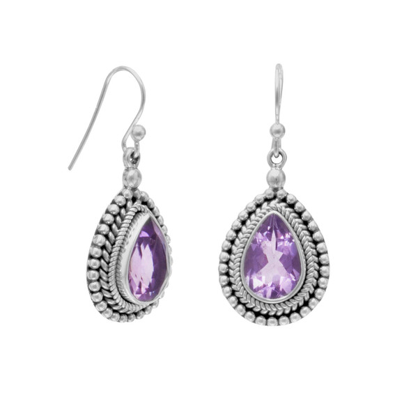 Sterling Silver Oxidized Amethyst with Bead Edge Earrings