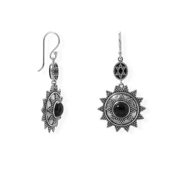 Sterling Silver Oxidized Beaded Sun Design Black Onyx Earrings