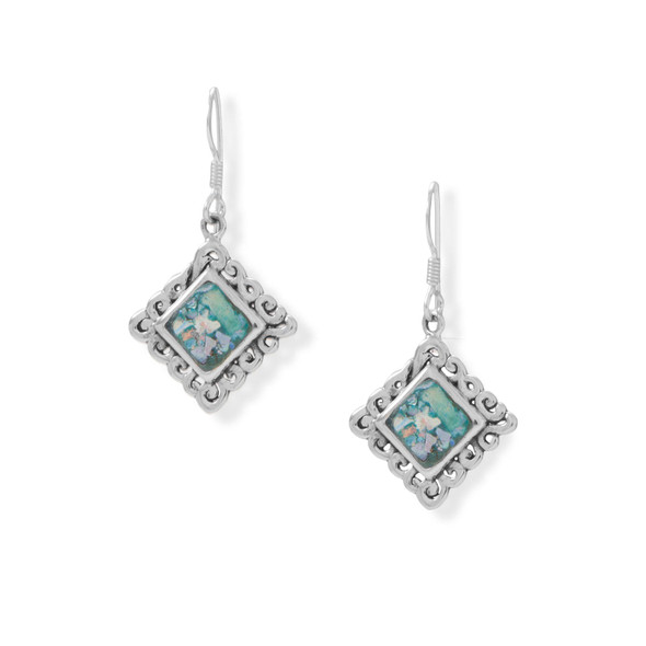 Sterling Silver Oxidized Square Roman Glass Swirl Edge Earrings