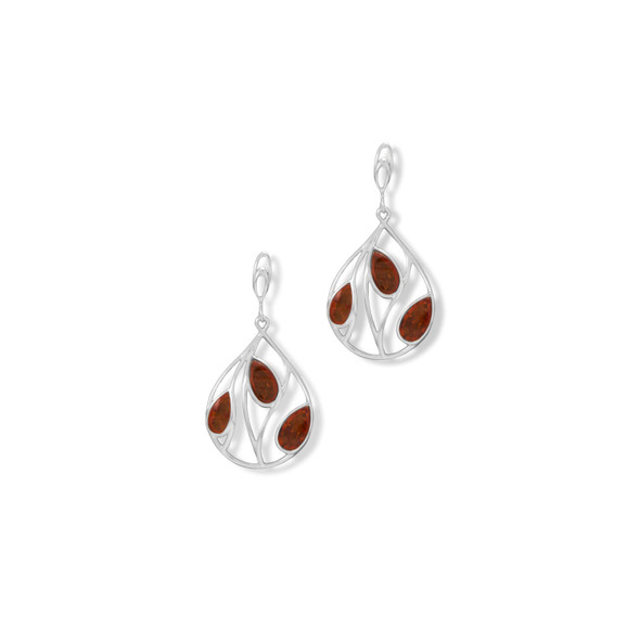 Sterling Silver Polished Cutout Pear and Amber Post Earrings