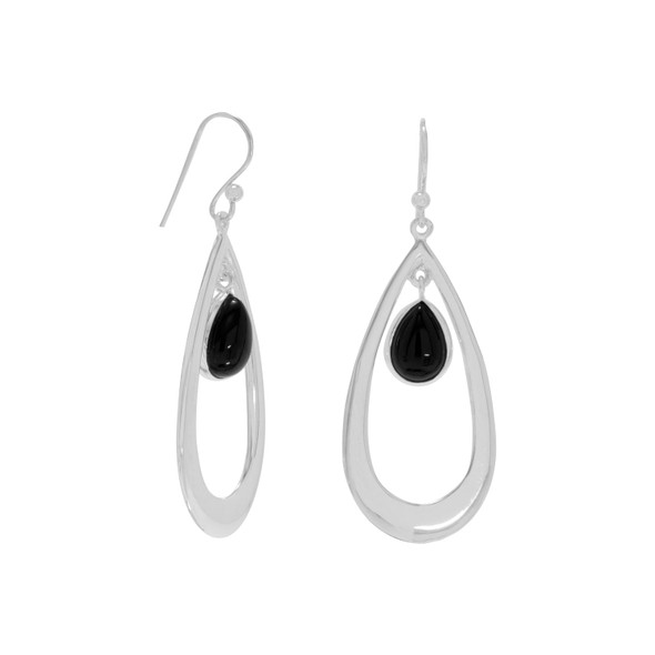 Sterling Silver Polished French Wire Earrings with Black Onyx Drop