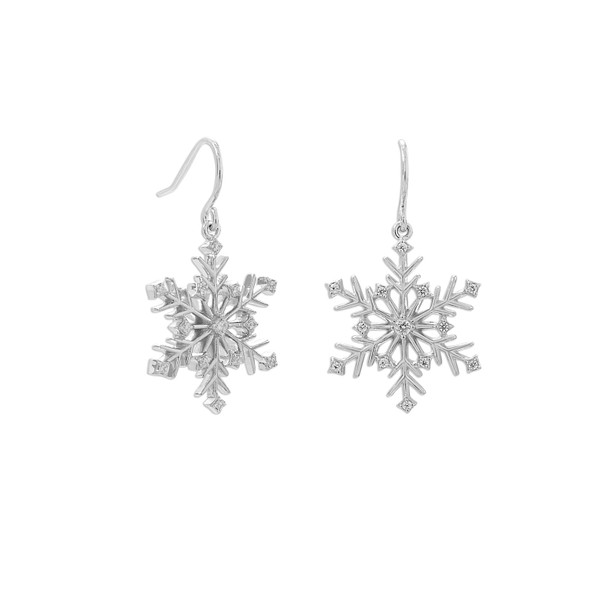 Sterling Silver Rhodium Plated 6 Point CZ Snowflake French Wire Earrings