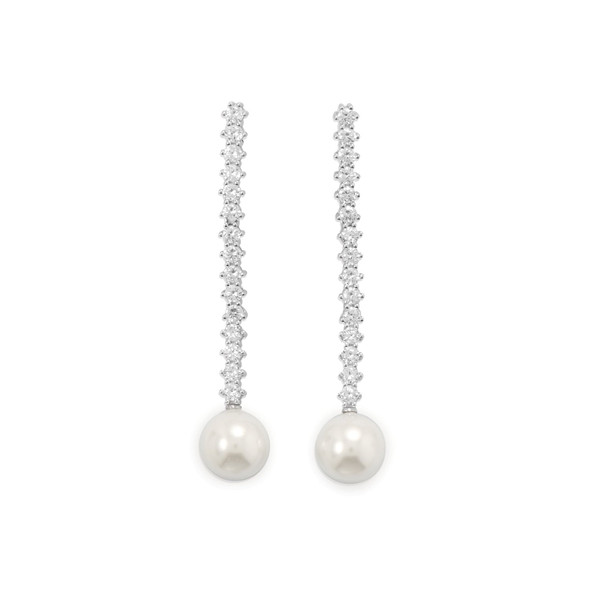 Sterling Silver Rhodium Plated CZ and Simulated Pearl Drop Earrings