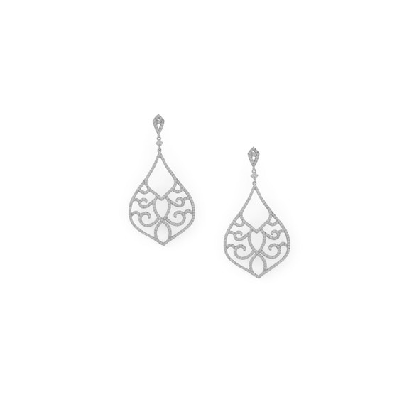 Sterling Silver Rhodium Plated Ornate CZ Raindrop Post Earrings