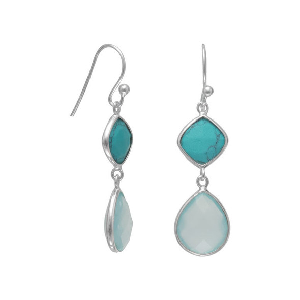 Sterling Silver Simulated Turquoise and Sea Green Chalcedony Drop Earrings