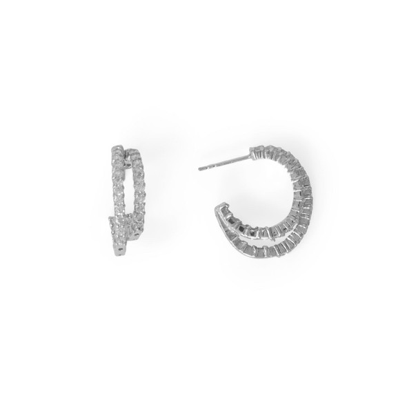 Sterling Silver Rhodium Plated In/Out CZ Double 3/4 Hoop Earrings