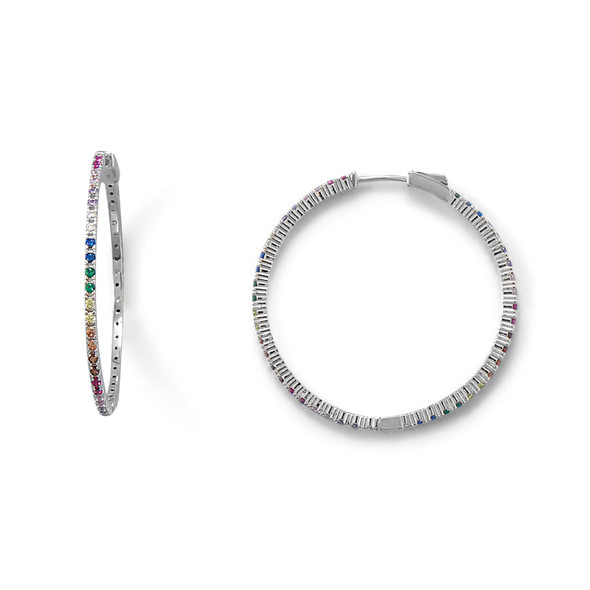 Sterling Silver Rhodium Plated Multi Color CZ 40mm Click Hoop Earrings