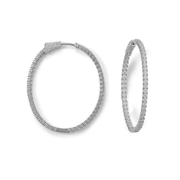 Sterling Silver Rhodium Plated Oval In/Out CZ Hoop Earrings