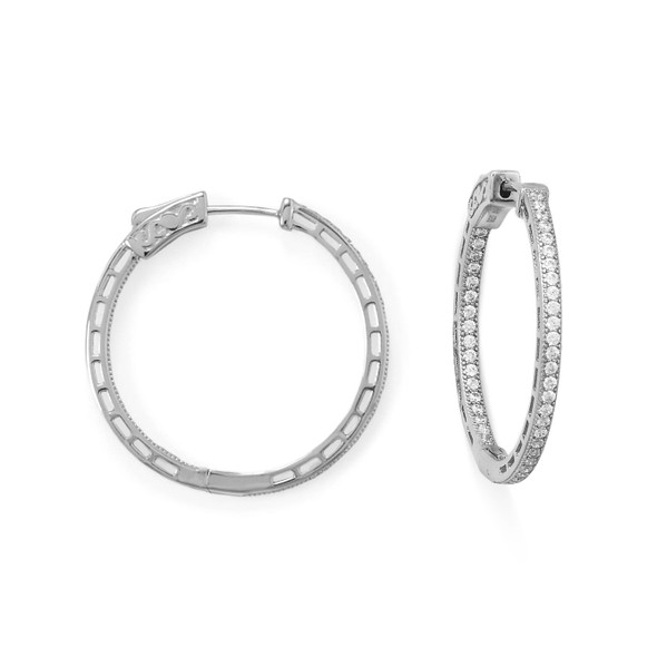 Sterling Silver Rhodium Plated Round In/Out CZ Hoop Earrings