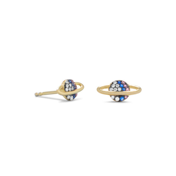 Sterling Silver 14 Karat Gold Plated Mini CZ Planet Studs