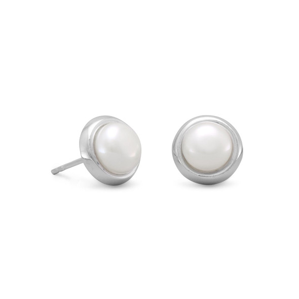 Sterling Silver Cultured Freshwater Button Cultured Freshwater Pearl Stud Earrings