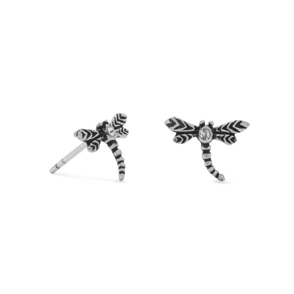Sterling Silver Oxidized Crystal Dragonfly Earrings