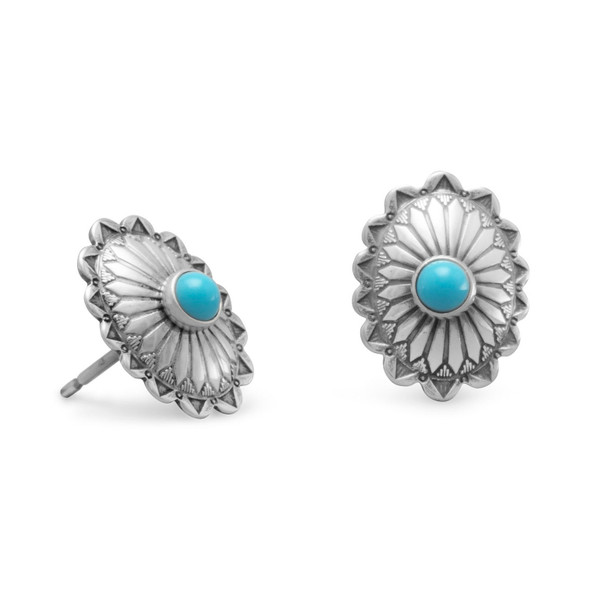 Sterling Silver Oxidized Simulated Turquoise Concho Stud Earrings